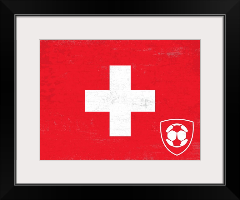 Flag of Switzerland with soccer crest with soccer ball.