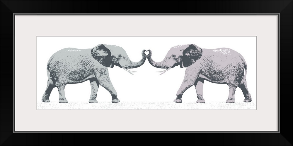 Graphic art of two elephants with trunks touching forming the shape of a love heart.