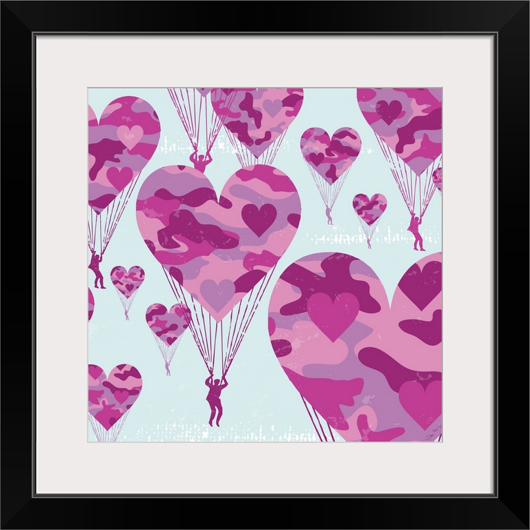 Graphic art of paratroopers with pink camoflauge parachutes in the shape of hearts.