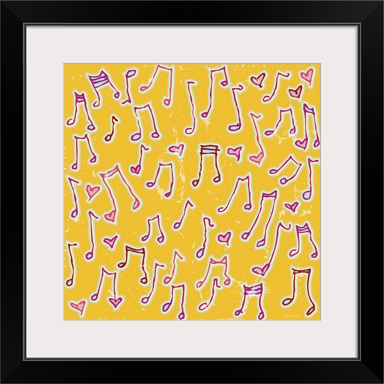 A pattern of pen and ink illustrated musical notes on a yellow background.