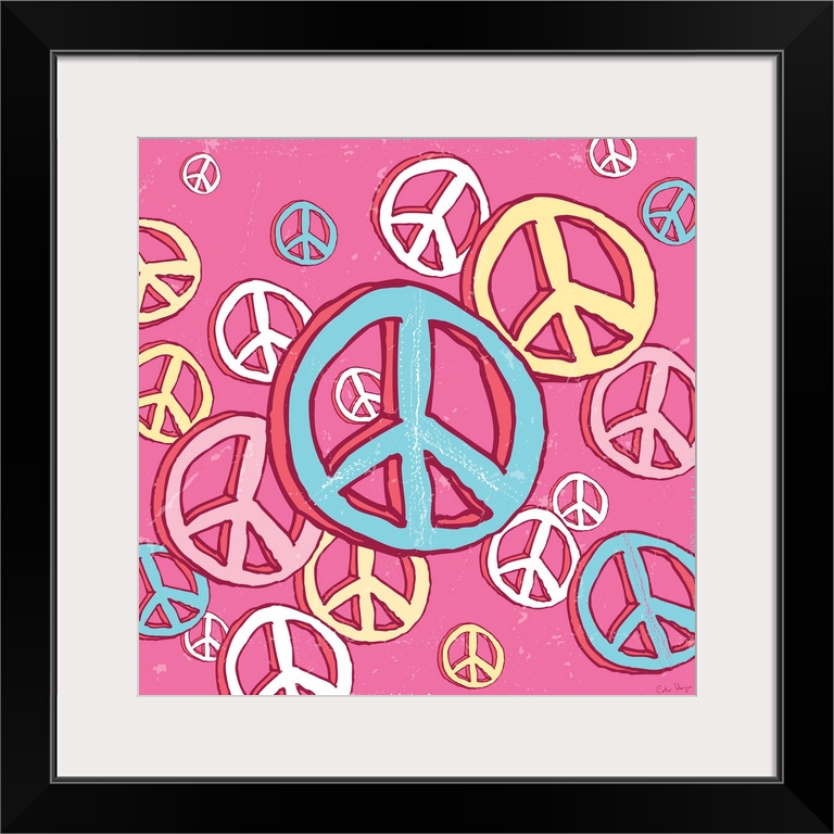 A group of illustrated peace signs, from large to small peace signs on a pink background.
