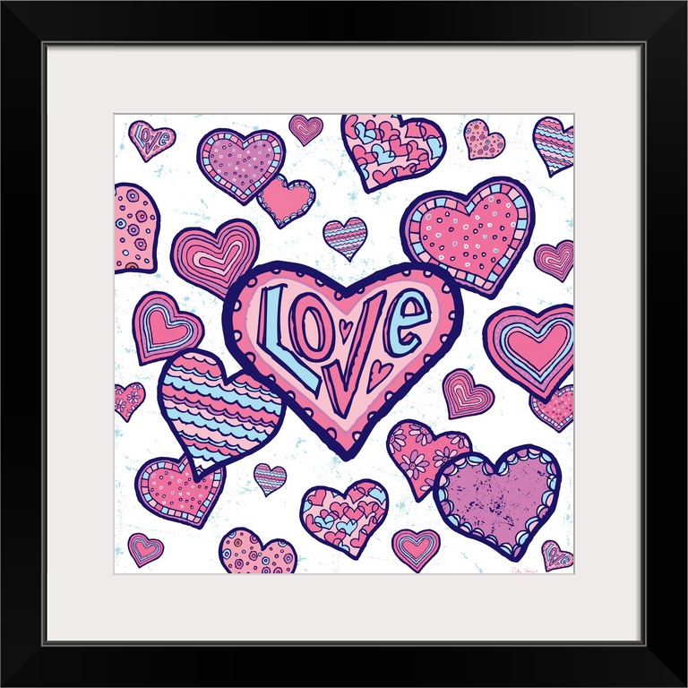 A group of pen and ink illustrated hearts, from large to small hearts on a white textured background, the middle heart has...