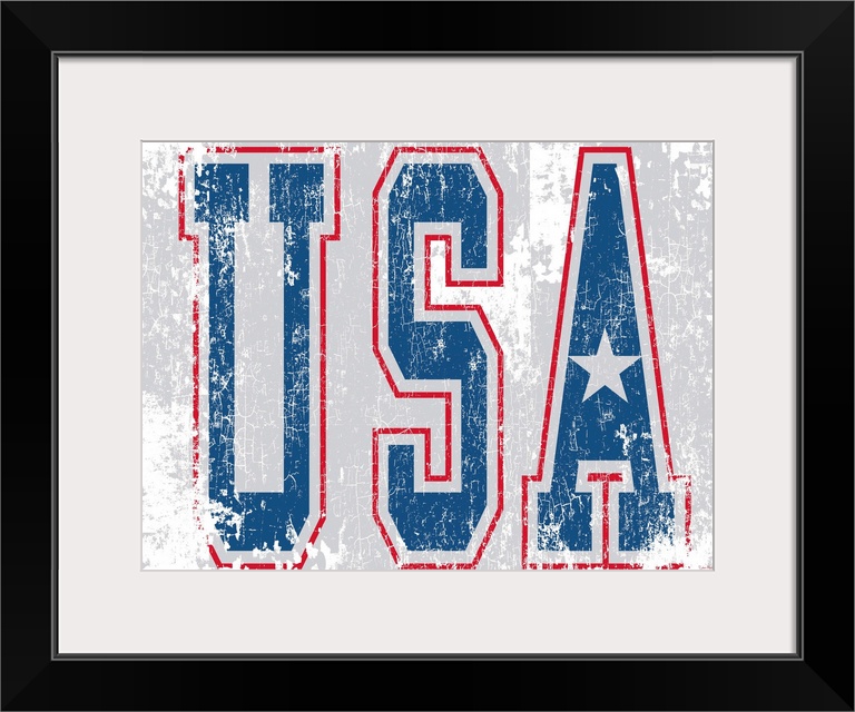 Distressed letters USA in red, white and blue on a white and rust background.