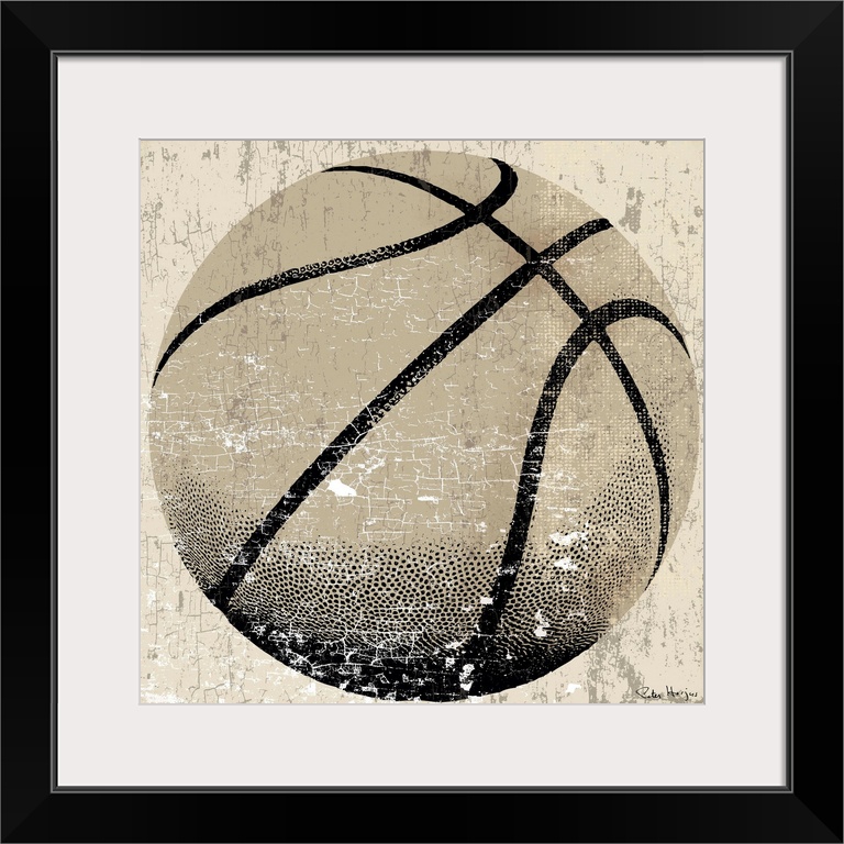 Vintage style wall art of an old distressed basketball on tan and sepia background.