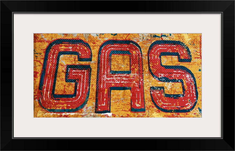 Graphic rusty wall art of distressed typography with the the word GAS large and in center on a yellow background.