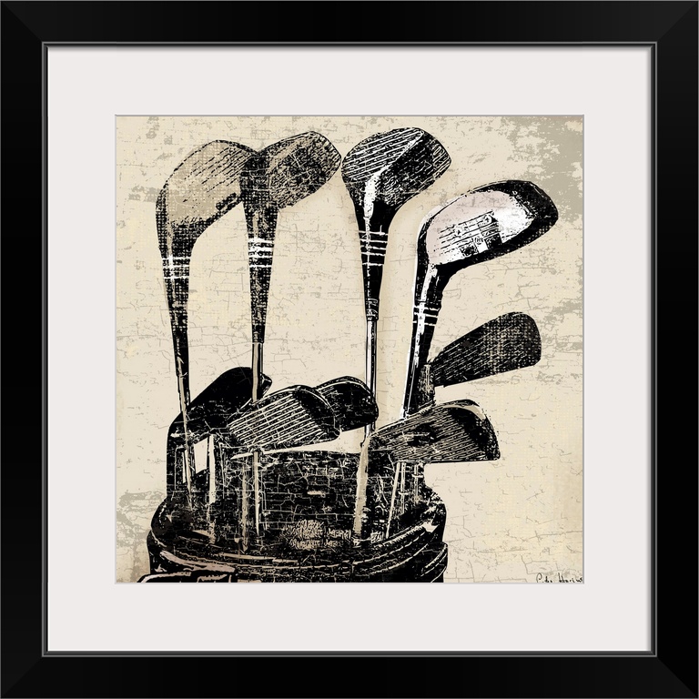 Vintage style wall art of an old distressed golf clubs on tan and sepia background.