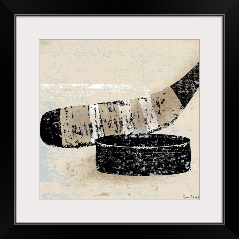 Vintage style wall art of an old distressed hockey stick and puck on tan and sepia background.