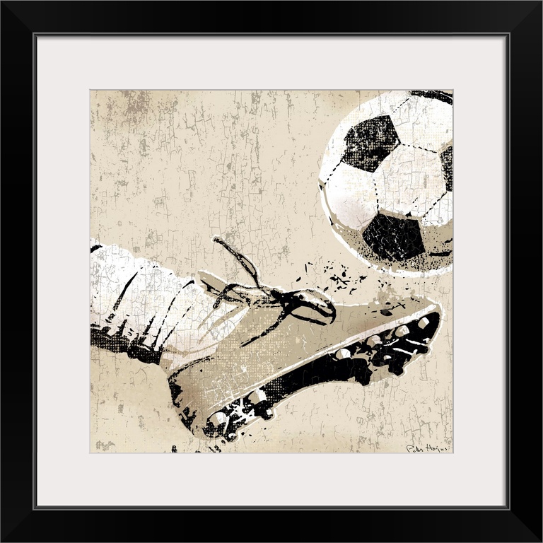 Vintage style wall art of an old distressed soccer cleat and foot striking soccer ball on tan and sepia background.