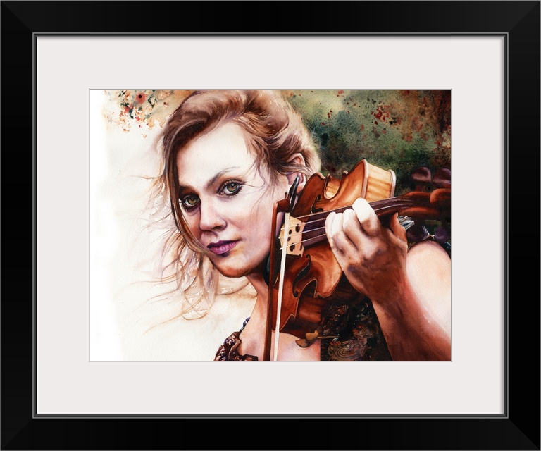 An intense portrait of a beautiful musician captured with watercolour.