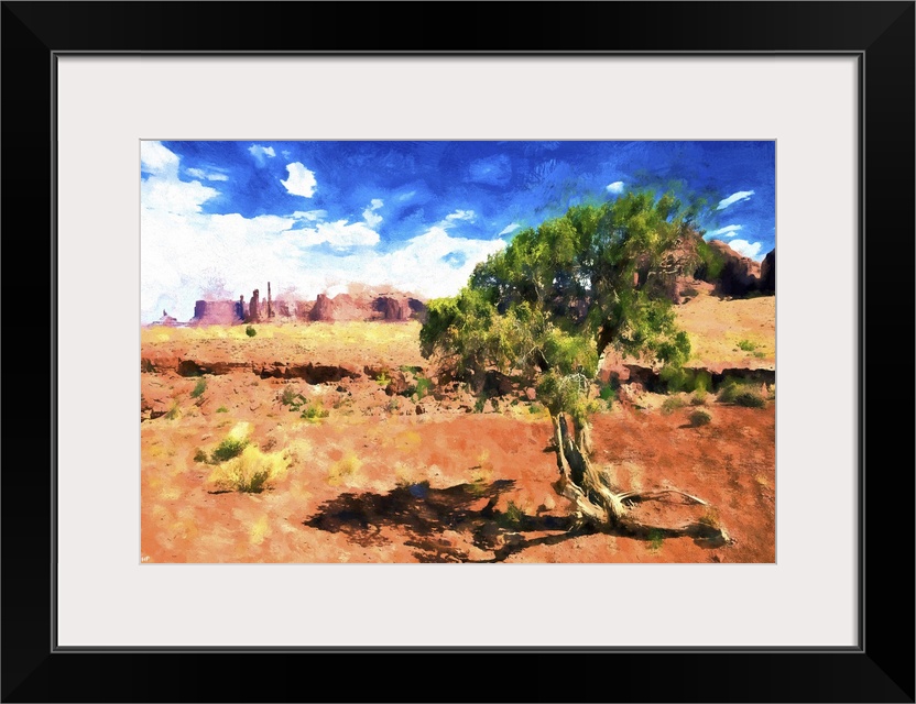 A photograph of a desert landscape with a painterly effect.