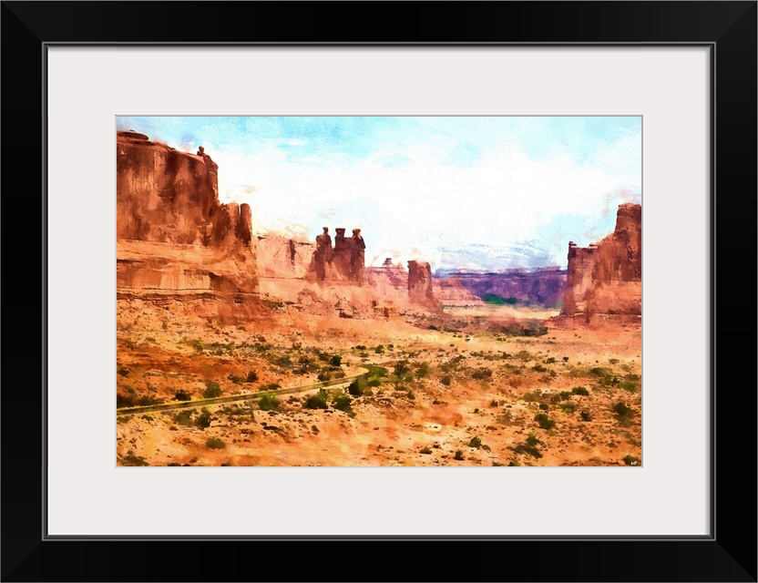 A photograph of a desert landscape with a painterly effect.