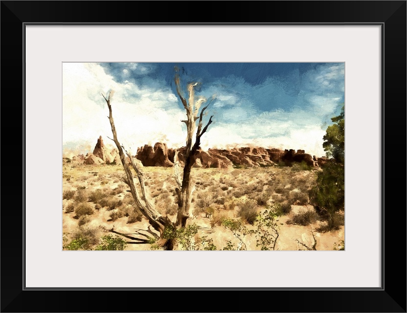 A photograph of a desert landscape with a painterly effect.