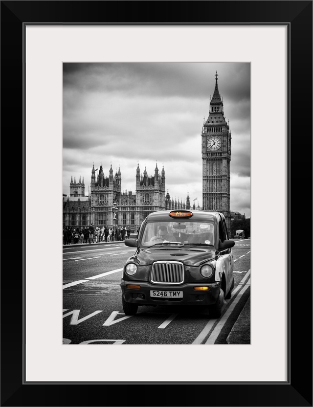 A Taxi driving past Big Ben on a cloudy day.