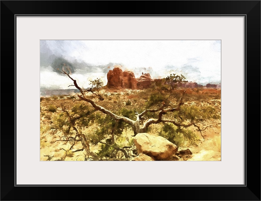 A photograph of a desert landscape with a painterly effect.