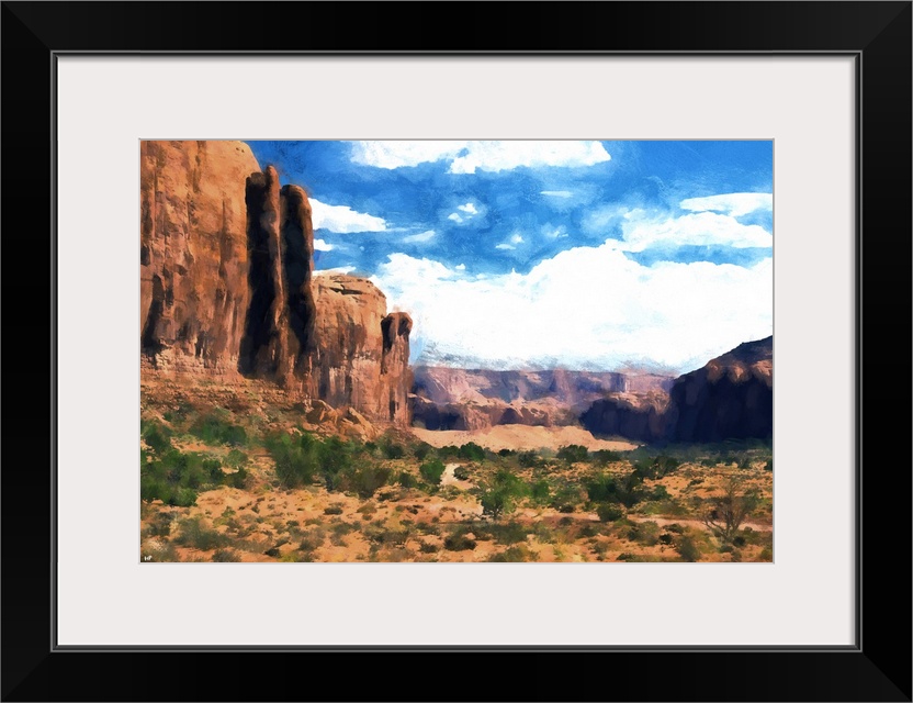 A photograph of a desert landscape with a painterly effect.