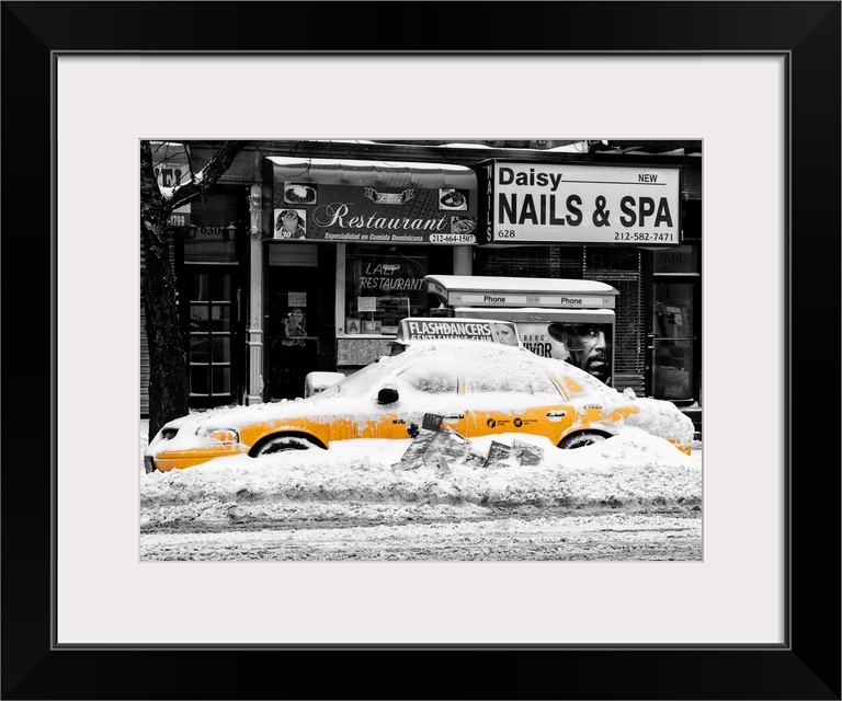 A photograph of a yellow taxi cab in Manhattan in winter.