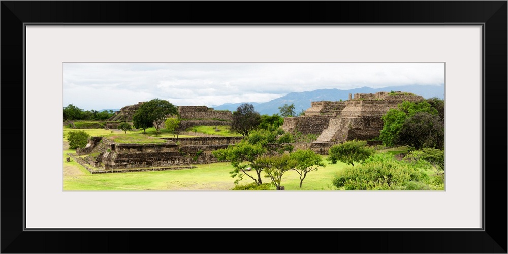 Panoramic photograph of the pyramid of Monte Alban in Oaxaca, Mexico. From the Viva Mexico Panoramic Collection.