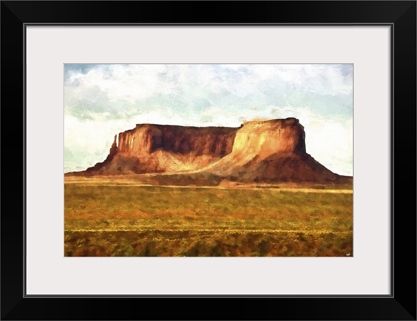 A photograph of a desert landscape with a painterly effect.