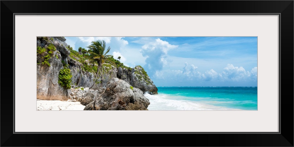 Panoramic photograph of a rocky Caribbean beach shore in Tulum, Mexico. From the Viva Mexico Panoramic Collection.