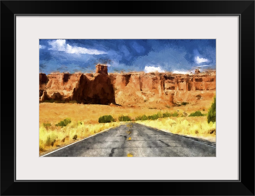 A photograph of a desert landscape with a painterly effect.