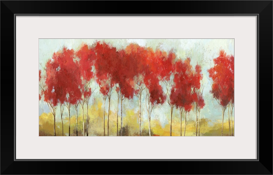 A long horizontal painting of a row of trees with bright red leaves in the fall.