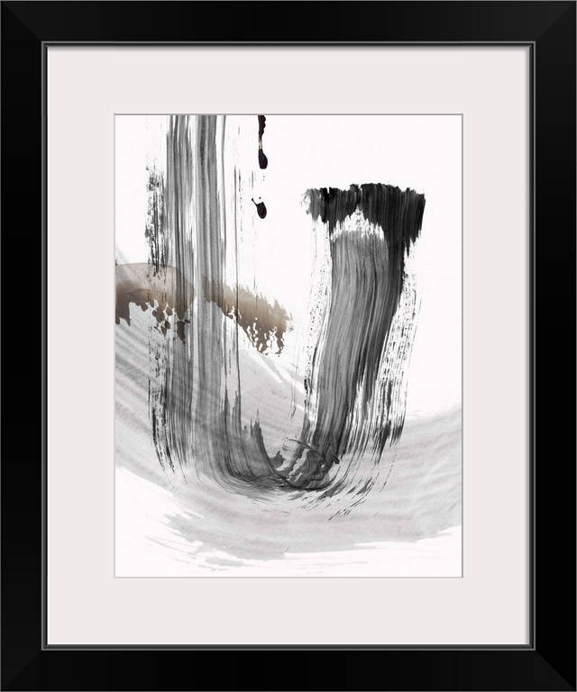 vertical abstract painting with brush strokes of gray and black.