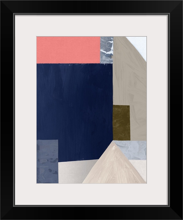 Color block abstract artwork with shades of navy blue and coral pink.