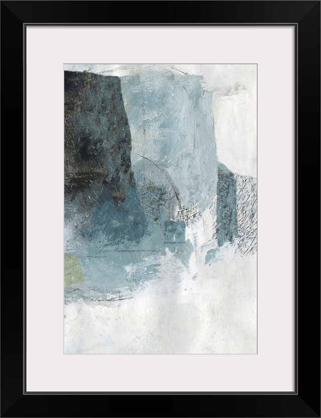 Vertical abstract painting in muted colors of blue, green and gray.