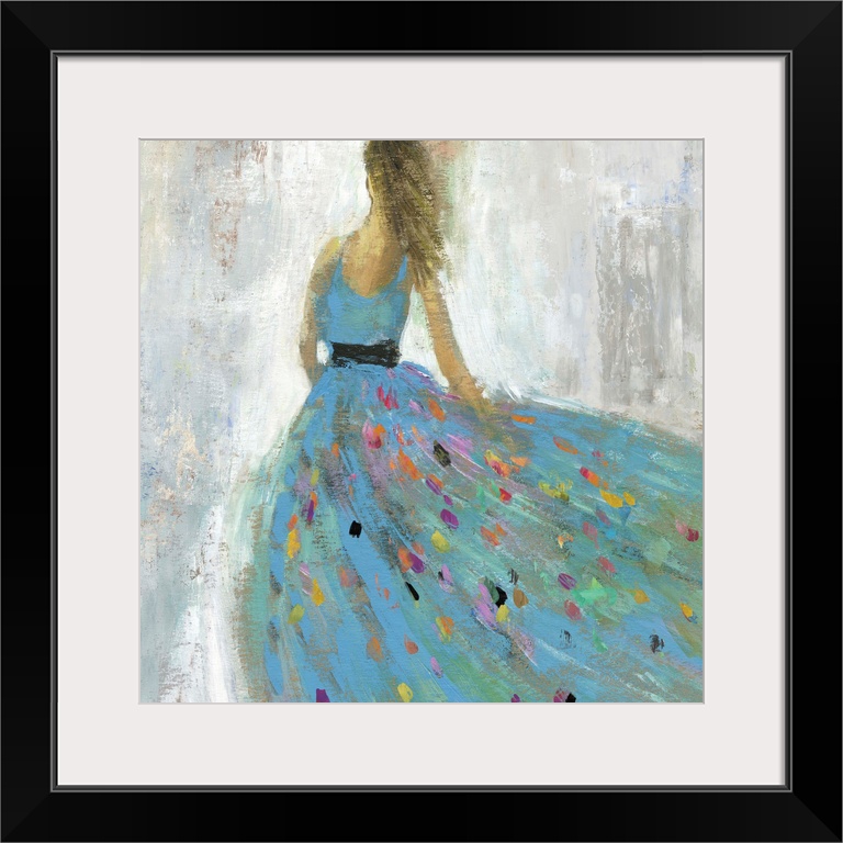 Square painting of a female in a blue ball gown with multiple color spots on the skirt.