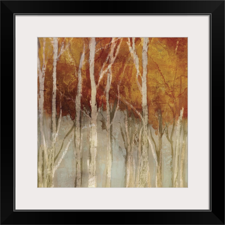 Contemporary home decor artwork of a forest in autumn foliage.