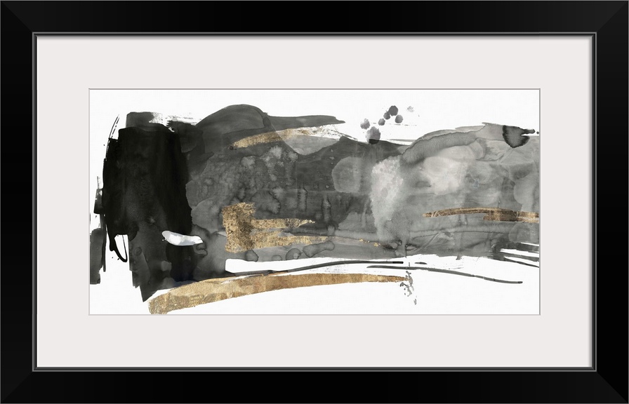 Black and grey abstract artwork with golden streaks.