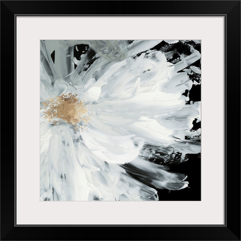 Decorative artwork with a large white peony on a dark black background.