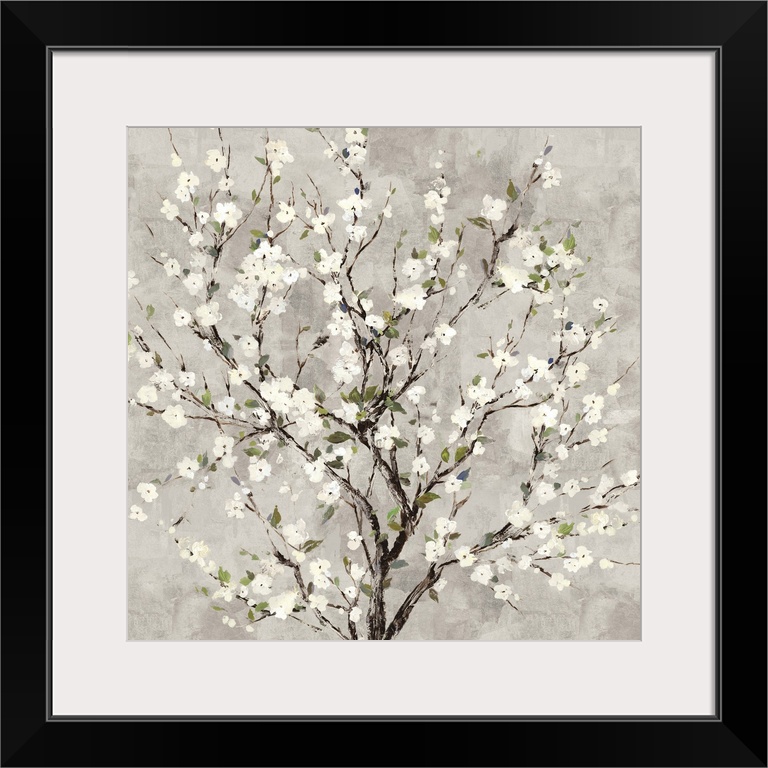 Square painting of a tree with white blossoms all over on a gray background.