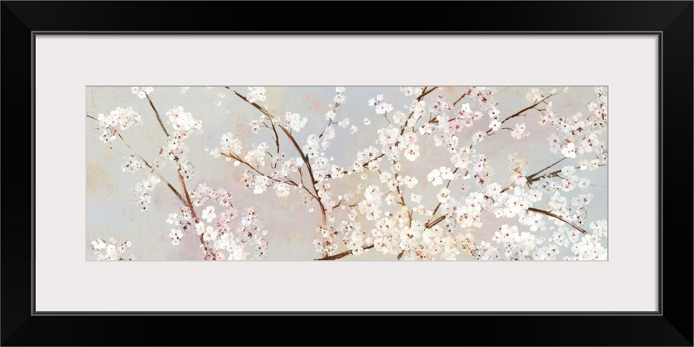 A long panoramic painting of a large branch of white cherry blossoms.