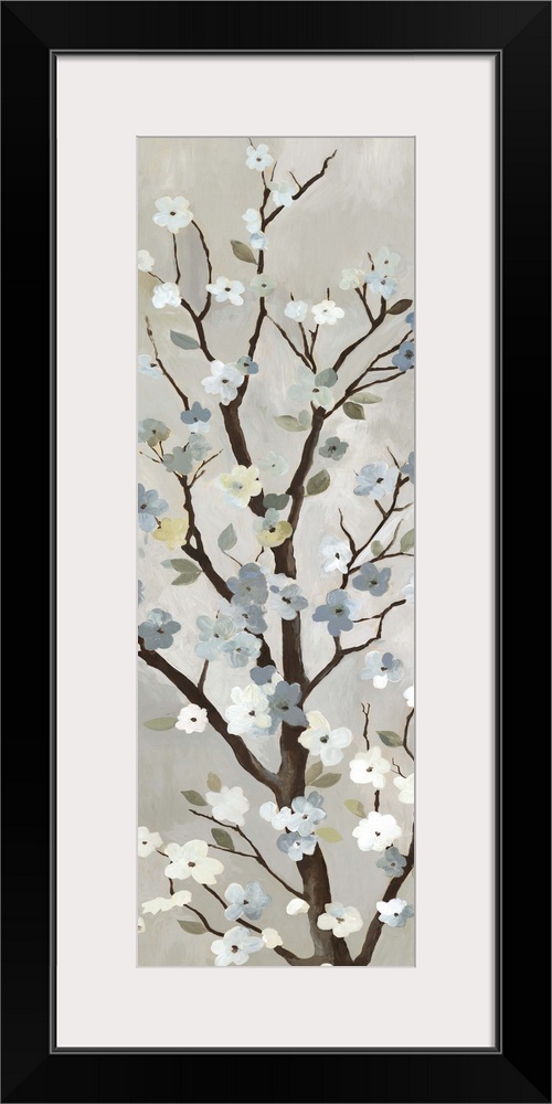 Contemporary home decor artwork of a tree branch with white flowers in bloom.