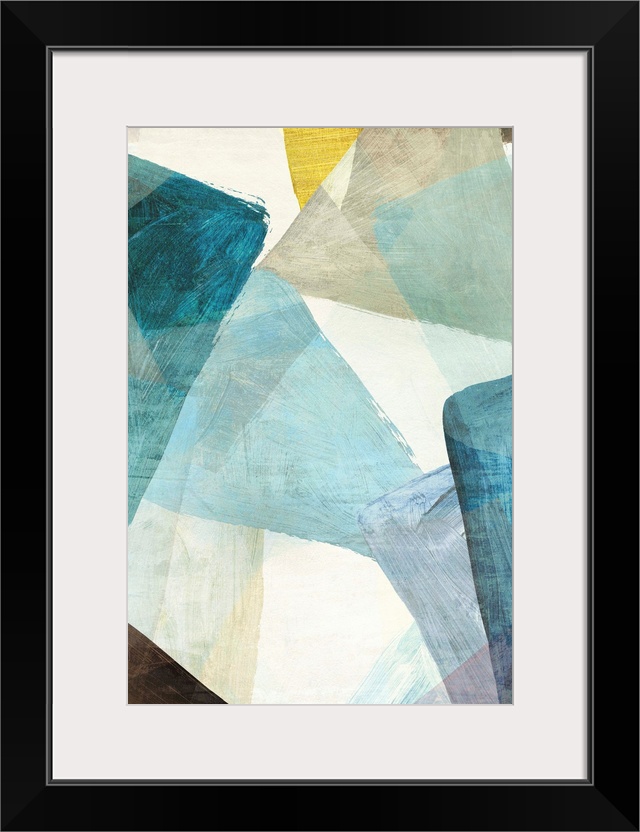 Abstract artwork of overlapping shapes in blue and yellow tones.