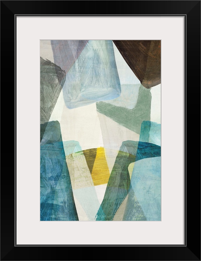 Abstract artwork of overlapping shapes in blue and yellow tones.