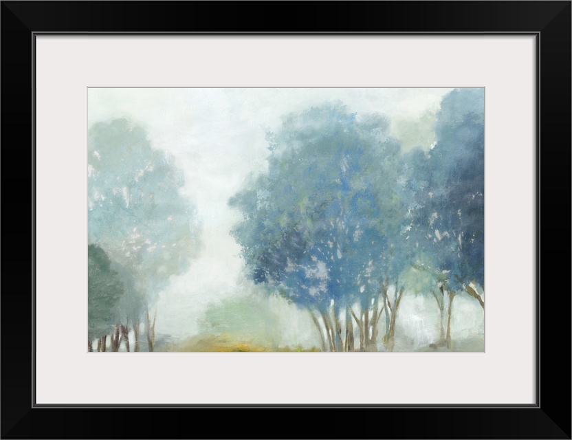 Contemporary artwork of a misty valley with blue trees.