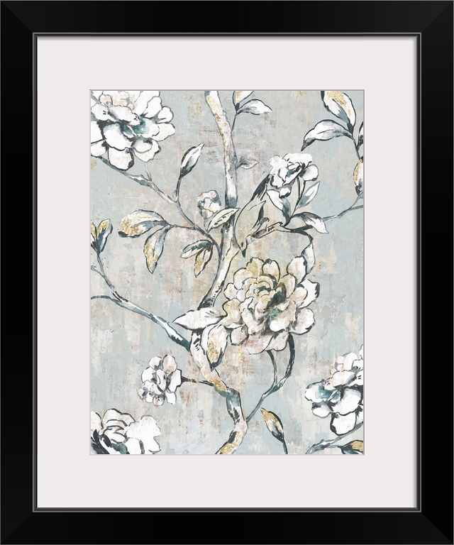 A contemporary painting of white flower blooms on leaf covered stems against a neutral textured backdrop.