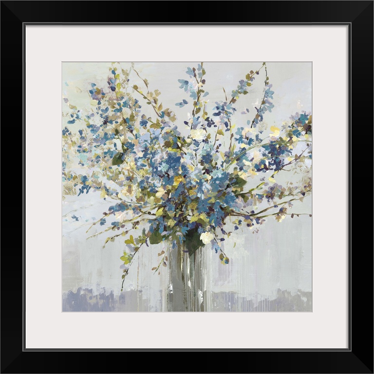 Contemporary artwork of a vase full of blue and white flowers.