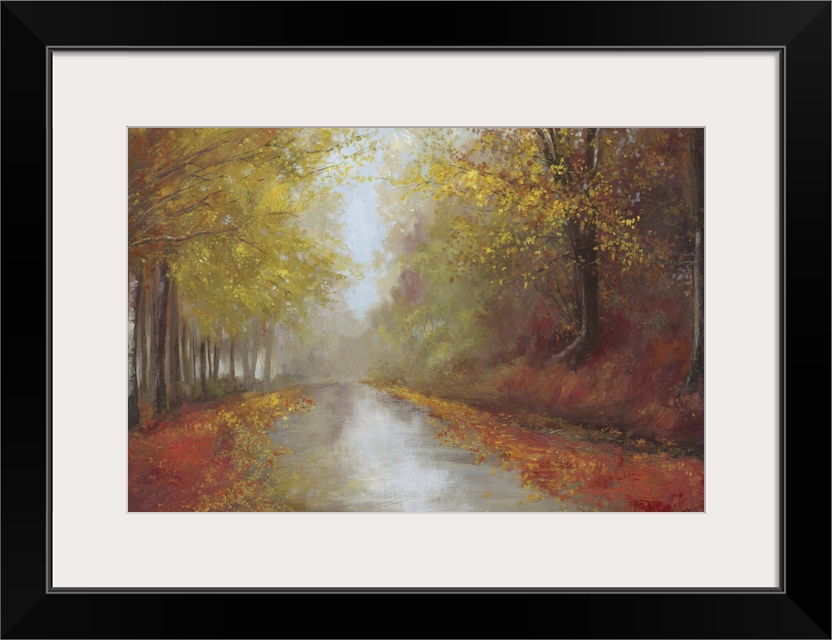 Contemporary home decor artwork of a road leading down through an autumn forest.