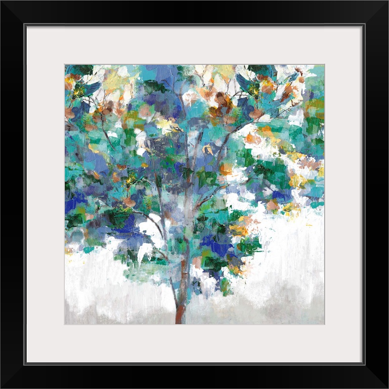 Contemporary artwork of a single tree with textured leaves in colors of green, blue and yellow.