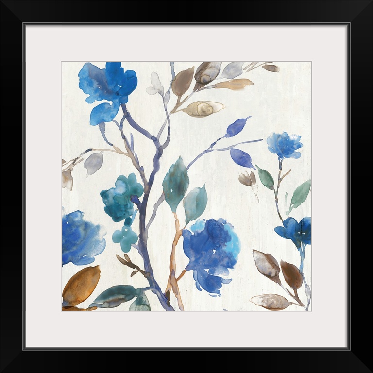 Watercolor decorative artwork of blue flowers with brown and pale green leaves on an off-white background.