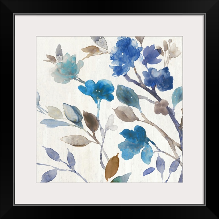 Watercolor decorative artwork of blue flowers with brown and pale green leaves on an off-white background.