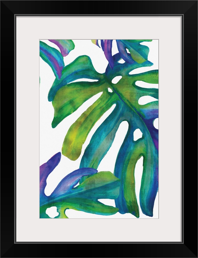 Square decor with illustrated tropical palm leaves in blue, purple, and green hues on a white background.