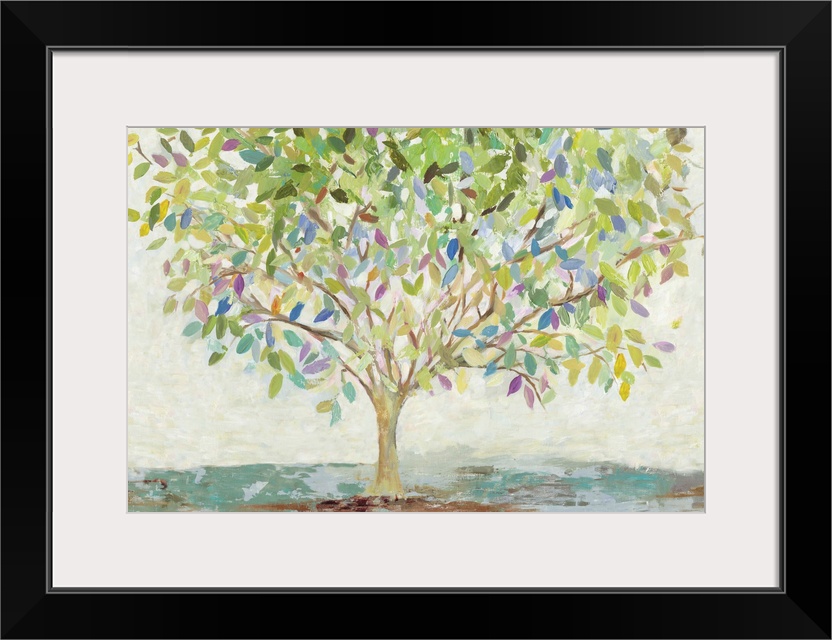 A contemporary painting of a single tree full of leaves in colors of green, blue and purple.