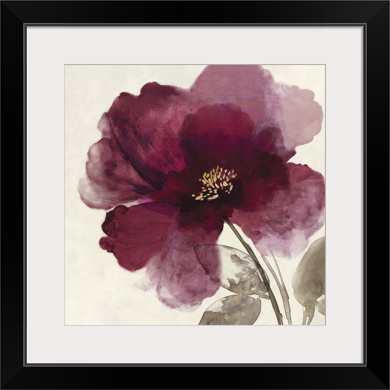 Square watercolor painting of a blooming peony with deep red petals on a beige background.