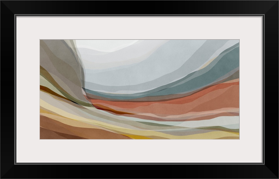 An organic, contemporary abstract art piece with curving layers of overlapping muted colors that look like rock strata und...