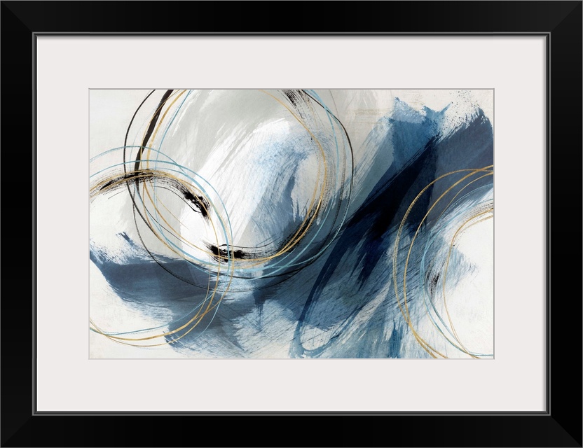 Abstract painting with large blue brushstrokes and circular lines accented with gold.