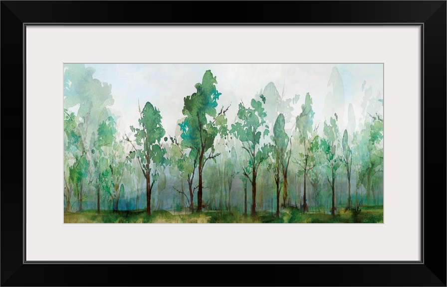 Contemporary watercolor painting of rows of trees with faded trees in the background.